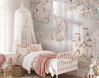 Papier peint princesse et licorne, décoration murale pour chambre d'enfant, art mural dragon