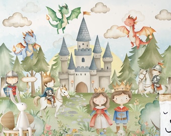 May include: A fairytale-themed wall mural depicting a castle, knights, dragons, and a royal couple. The scene includes a white rabbit on a wooden chair, a rainbow-shaped wooden toy, and a road-themed rug. The colour palette is soft and inviting.