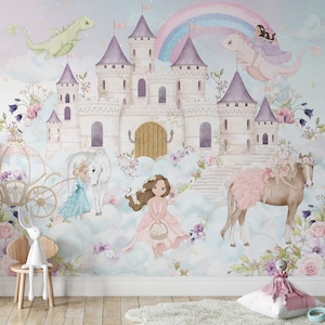 プリンセスと城の子供部屋の壁紙 魔法の王国のおとぎ話 剥がして貼る壁画 女の子の部屋の壁の装飾 花柄の壁紙
