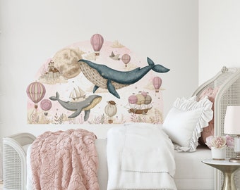 Sticker chambre d'enfant océan, sticker sous la mer, aquarelle de baleine, montgolfières, sticker mural château, sticker arche murale