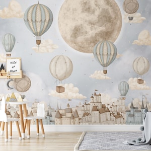Carta da parati per bambini con mongolfiera, spazio e stelle, grande luna e nuvole, murale per bambini, decorazione da parete per la cameretta dei ragazzi