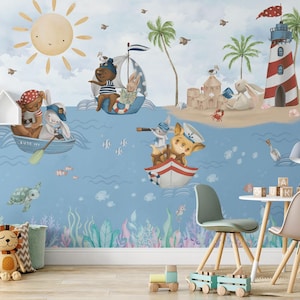 Carta da parati per bambini con vita nell'oceano, murale sul mare, animali acquerellati sulla barca, graziosi marinai