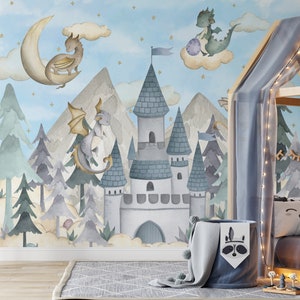 Carta da parati per bambini con drago, castello delle fate, cielo e nuvole, alberi della foresta, murale per bambini, acquerello, stacca e attacca