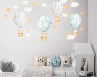 Hot air balloon, Nursery wall decal, Wall stickers, Watercolor hot air balloons, Airplane wall decal, Forest animals wall decal for kids