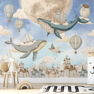Carta da parati con balene e navi, murale per la cameretta dei bambini, arte murale con spazio e stelle