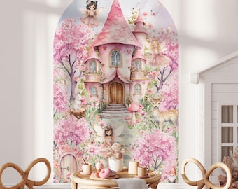 May include: A pink fairy house with a whimsical archway design, surrounded by blooming cherry blossom trees and fairies. The scene is painted in a watercolor style and features a deer and a rabbit.