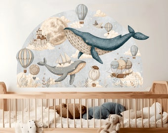 Sticker chambre d'enfant océan, sticker sous la mer, aquarelle de baleine, montgolfières, sticker mural château, sticker arche murale