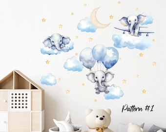 Elephant nursery wall decal, Safari animals wall sticker, Jungle animals, Air balloon, Cute watercolor animals