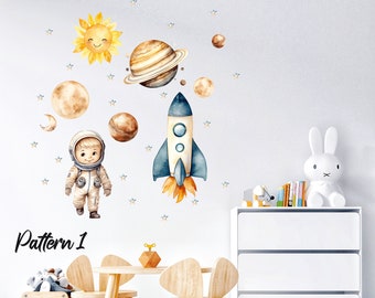 Weltraum Kinderzimmer Wandaufkleber, Aquarell Tiere, Planeten Wandaufkleber, Wandtattoo für Kinder,