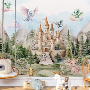 Carta da parati per bambini con drago, castello delle fate, cielo e nuvole, alberi della foresta, murale per bambini, acquerello, stacca e attacca