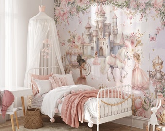 Papel tapiz de princesa y castillo para guardería, Mural de pared de cuento de hadas, decoración de pared de habitación para niñas, papel tapiz Floral