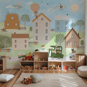 City Houses Nursery Wallpaper Hot Air Balloon Peel And Stick Wall Mural Safari Animals Wallpaper Adventure Wall Art Kids Room