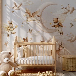 Carta da parati per bambini con unicorno, animali della foresta magica, decorazione murale con cigno volante, stacca e attacca per bambini