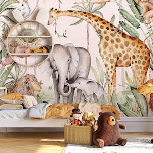 Carta da parati con animali del safari, decorazione da parete per cameretta dei bambini, animali della giungla ad acquerello, murale per cameretta dei bambini, staccabile e attaccabile