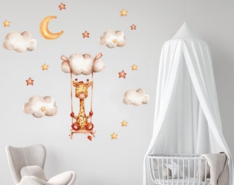 Giraffe and clouds, Nursery wall decal, Watercolor safari animals, Wall stickers for kids, Gender neutral decals