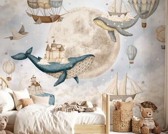 Whales And Hot Air Balloon Nursery Wallpaper Dreamy Ocean Sky Wall Mural Peel And Stick Moon And Clouds Wall Art Kids Room Adventure Decor