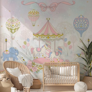 Carta da parati per cameretta dei bambini con mongolfiera, murale magico con giostra, arte floreale rosa, decorazione per cameretta delle bambine, autoadesiva, stacca e attacca