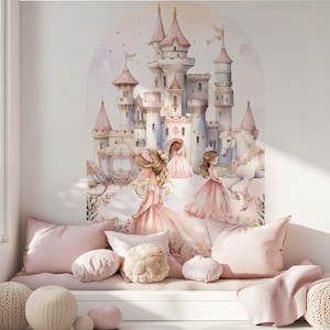 Adesivo murale con arco a forma di castello da principessa, decorazione floreale ad acquerello per la cameretta delle bambine.