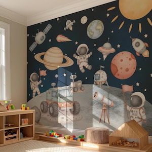 Carta da parati per bambini con spazio e pianeti, carta da parati con astronauta, carta da parati staccabile e adesiva, camera dei bambini, razzi e stelle dello spazio