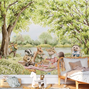 Forest Animals Nursery Wallpaper Woodland Wall Art Watercolor Trees Wild Animals Peel and Stick Kids Room Decor