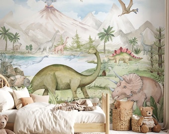 Carta da parati murale con dinosauri, vulcano giurassico e scena preistorica, decorazione murale per cameretta dei bambini, staccabile e rimovibile