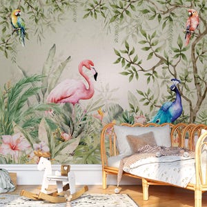 Carta da parati con animali del safari, decorazione da parete per cameretta dei bambini, animali della giungla ad acquerello, murale per cameretta dei bambini, staccabile e attaccabile