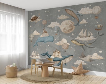 Papier peint baleines et navires, décoration murale pour chambre d'enfant, art mural espace et étoiles