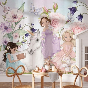 Carta da parati adesiva per cameretta delle principesse, carta da parati floreale con motivo "Regno Magico delle Fiabe" e decorazione da parete per cameretta delle bambine