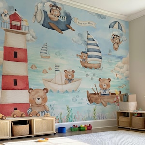 Carta da parati per bambini con vita nell'oceano nel mare, murale personalizzato, acquerello, orsacchiotto sulla barca, simpatici marinai, mongolfiere