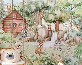 Forest Animals Nursery Wallpaper Woodland Wall Art Watercolor Trees Wild Animals Peel and Stick Kids Room Decor