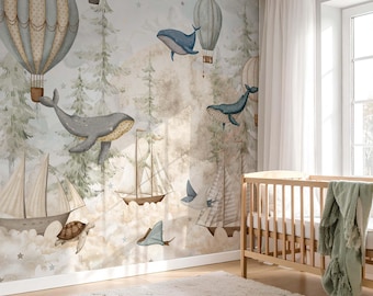 Whales And Hot Air Balloon Nursery Wallpaper Forest Trees Wall Mural Peel And Stick Moon And Clouds Wall Art