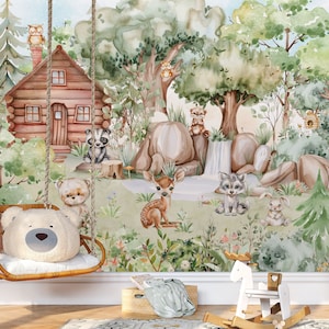 Papier peint pour chambre d'enfants, animaux de la forêt, art mural forestier, arbres aquarelles, animaux sauvages, décoration pour chambre d'enfants