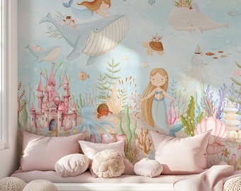 Papel tapiz de sirena para habitación de niña, mural submarino, arte floral autoadhesivo, decoración de ballenas y peces bajo el mar