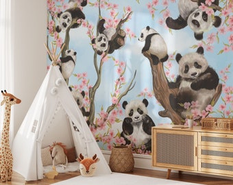 Papier peint famille panda, décoration murale de chambre d'enfant, grand sakura, animaux de safari, aquarelle, animaux de la jungle, art mural, décoration murale pour chambre d'enfants, autocollant