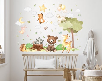 Animales del bosque Calcomanía de pared de guardería, Animales de acuarela Pegatinas de pared, Arte de pared del bosque, Calcomanías de pared para niños