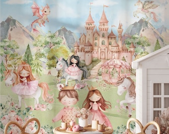 Papier peint princesse et château pour chambre d'enfant, royaume magique, conte de fées, papier peint autocollant, décoration murale pour chambre de filles, papier peint floral