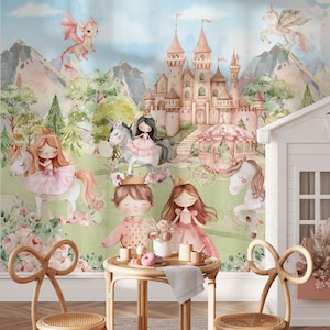 Carta da parati per bambini con principessa e castello, regno magico delle fiabe, stacca e attacca, decorazione murale per la stanza delle bambine, carta da parati floreale