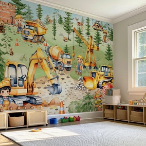 男の子向けの建設用壁紙 水彩画のトラックと掘削機の壁画 剥がして貼るだけの子供部屋用壁飾り 乗り物の壁紙