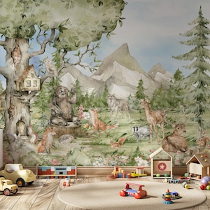 Papier peint pour chambre d'enfants, animaux de la forêt, art mural forestier, arbres aquarelles, animaux sauvages, décoration pour chambre d'enfants