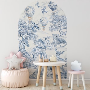 Safari Dieren Kwekerij Boog Muurtattoo Chinoiserie Boog Muursticker Blauw Toile de Jouy Hoofdeinde Luchtballon Muur Decor
