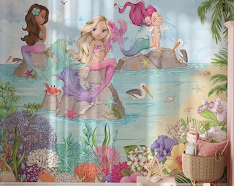 Papel tapiz de sirena para habitación de niñas, mural de pared submarino, arte de pared con diseño floral despegable y adhesivo, decoración de ballenas y peces bajo el mar