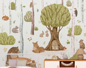 Papier peint animaux de la forêt, décoration murale pour chambre d'enfant, art mural boisé, décoration pour chambre d'enfants