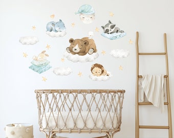 Forest animals Nursery wall decal, Wild watercolor animal stickers, Sleeping Jungle animal decor, Clouds, Tropical wall art