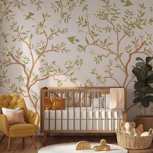 Chinoiserie Wallpaper Vintage Style Botanical Wall Mural Birds on Branches Girls Room Peel and Stick Wallpaper