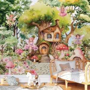 Fairy Tree house Nursery Wallpaper Fairytale Forest Peel And Stick Girls Room Wall Decor Fairy Door Floral Wallpaper