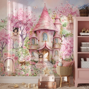 Carta da parati per bambini con castello delle fate, foresta delle fate, stacca e attacca, decorazione da parete per la cameretta delle bambine, porta delle fate, carta da parati floreale