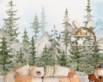 Bosbomen Kids Woodland Aquarel Peel en Stick Wallpaper Bergen Kinderdagverblijf Decor Zelfklevend