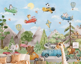 Papier peint pour chambre d'enfant, montgolfière, animaux de safari, voitures, décoration murale, aquarelle, art mural, décoration murale pour chambre d'enfants