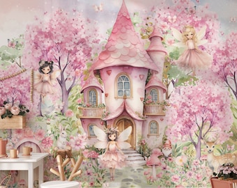 Fairy Castle Kinderkamer Behang Sprookjesbos Schil en plak Meisjeskamer Muurdecoratie Fairy Deur Bloemenbehang