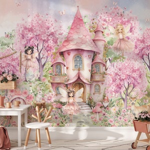 Carta da parati per bambini con castello delle fate, foresta delle fate, stacca e attacca, decorazione da parete per la cameretta delle bambine, porta delle fate, carta da parati floreale